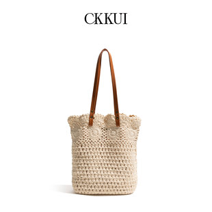 CKKUI 单肩包假日出游百搭托特包 复古勾花编织包包女式 2025年新款