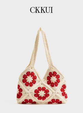 CKKUI 小众棉线编织包包2026新款红色雏菊针织包慵懒风手提单肩包