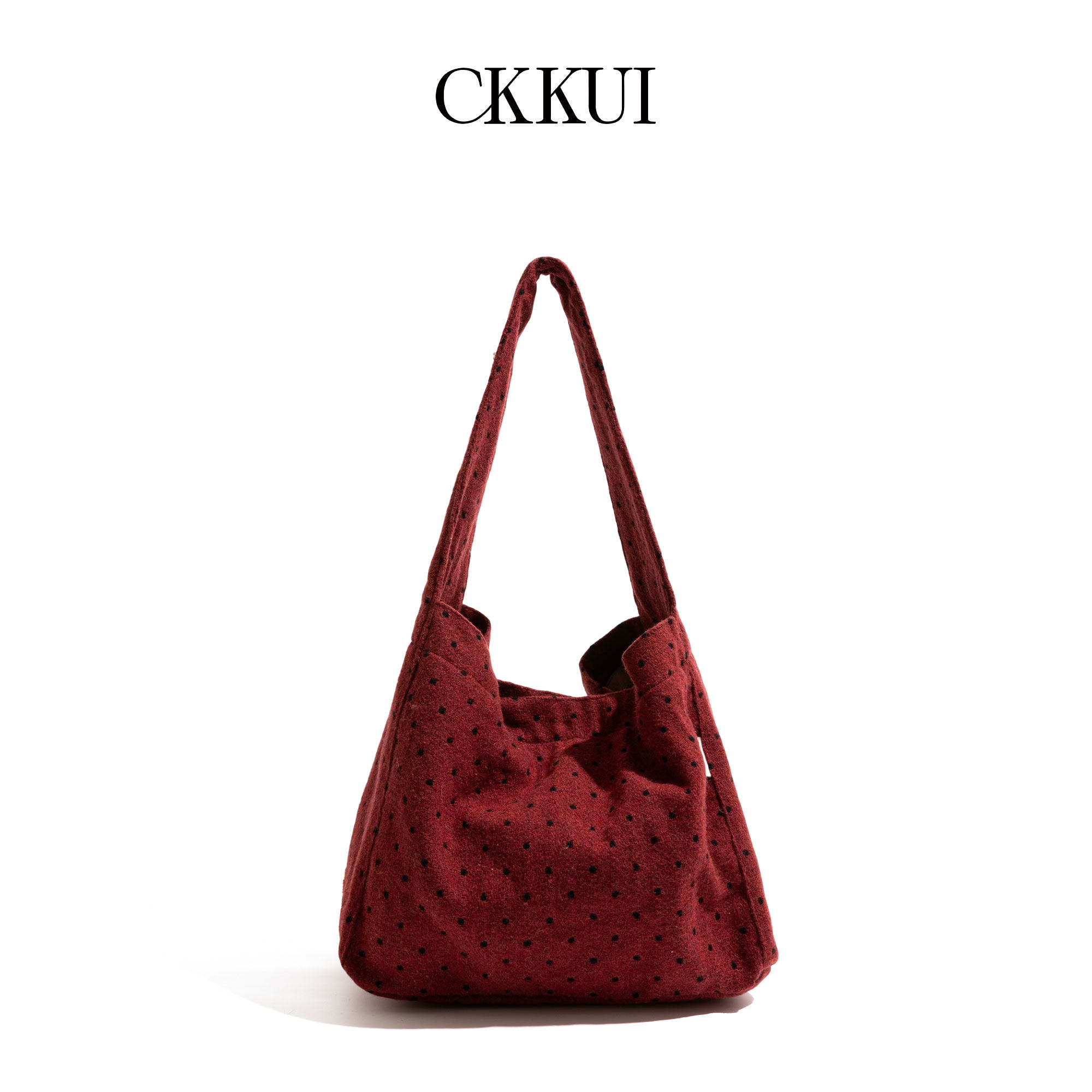 CKKUI 复古毛呢红色波点包包女式2025秋冬水桶包大容量单肩托特包