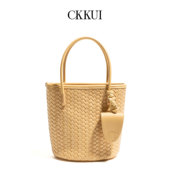 CKKUI 简约软皮pu编织黄色包包精致外出手拎水桶包通勤手机手提包