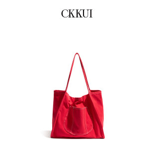 CKKUI 简约大容量购物袋红色帆布包包女款大学生上课单肩包托特包