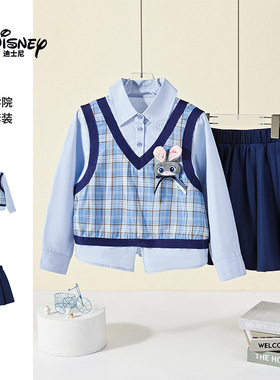 Disney迪士尼2026新款春夏女童学院风假两件衬衫套装蓝色格纹上衣