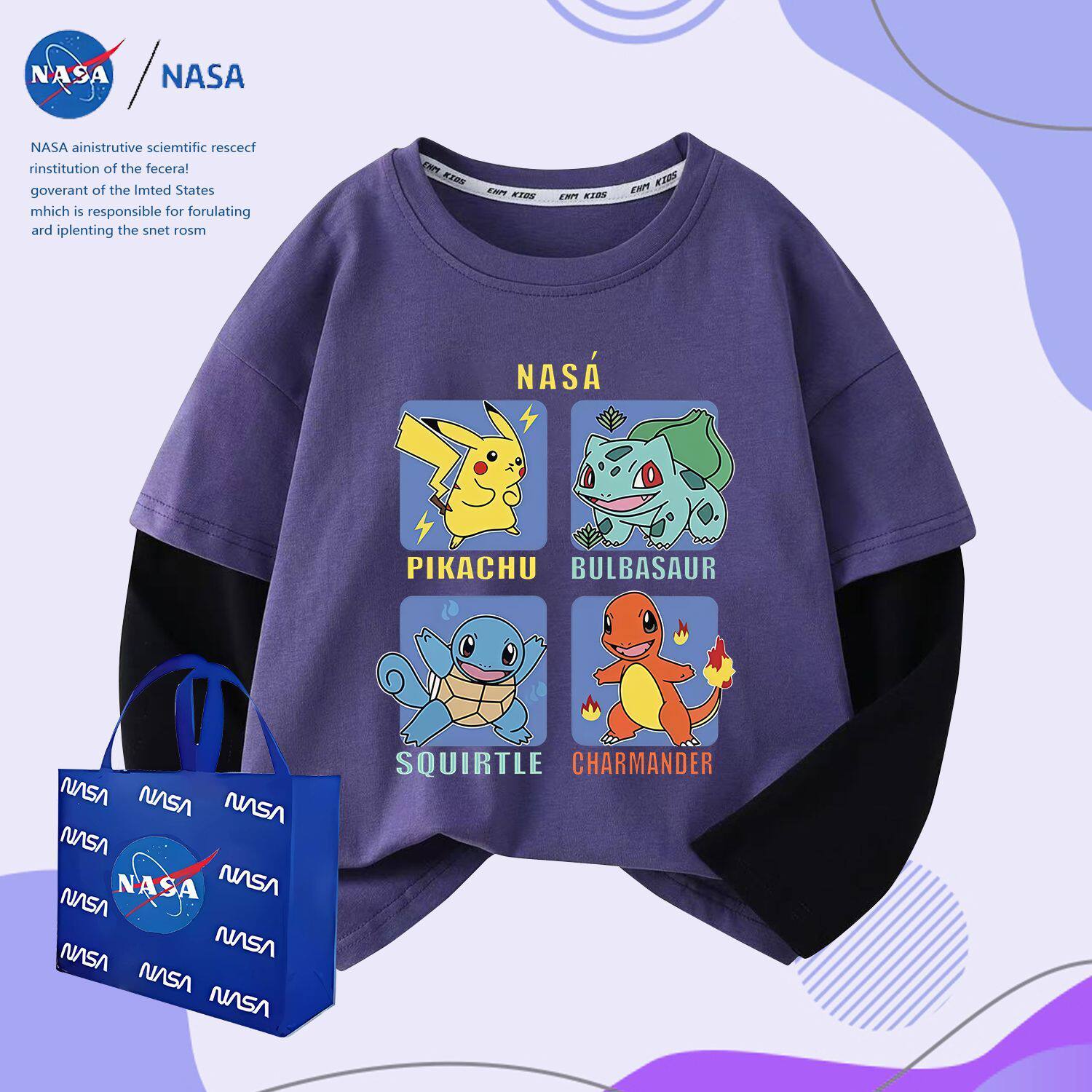 NASA 宝可梦联名长袖T恤儿童纯棉宽松卡通动漫上衣男女通用假两件