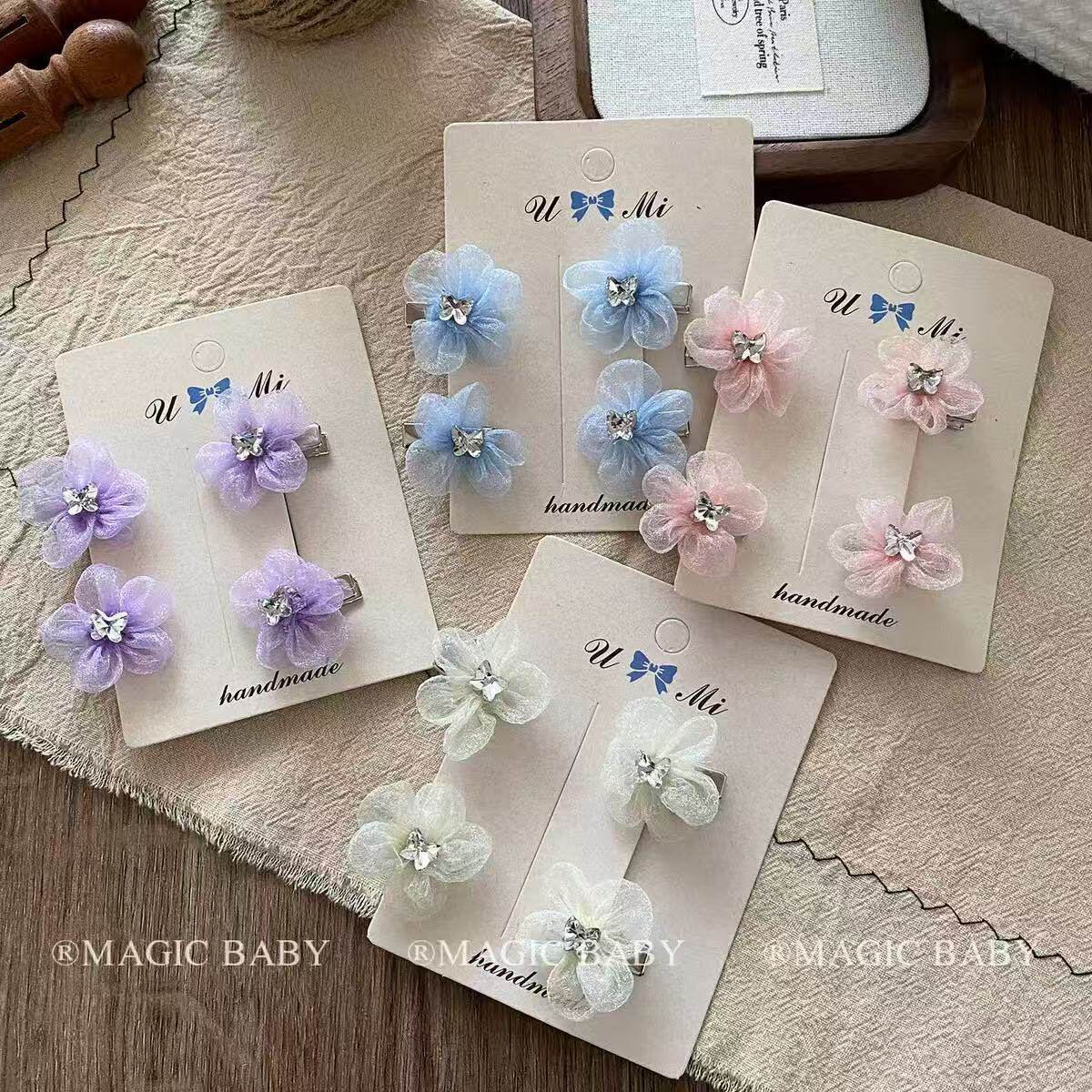儿童网纱水钻花朵发夹套装女童韩系超仙发圈宝宝碎发夹不伤发头饰