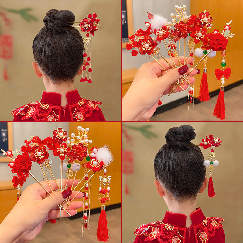 儿童新中式古风发饰超仙流苏发簪女童汉服头饰小女孩古装步摇发饰
