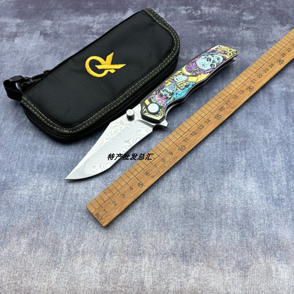 大马士革钢钛合金手柄实用折叠刀户外露营求生生存便携防身小刀具