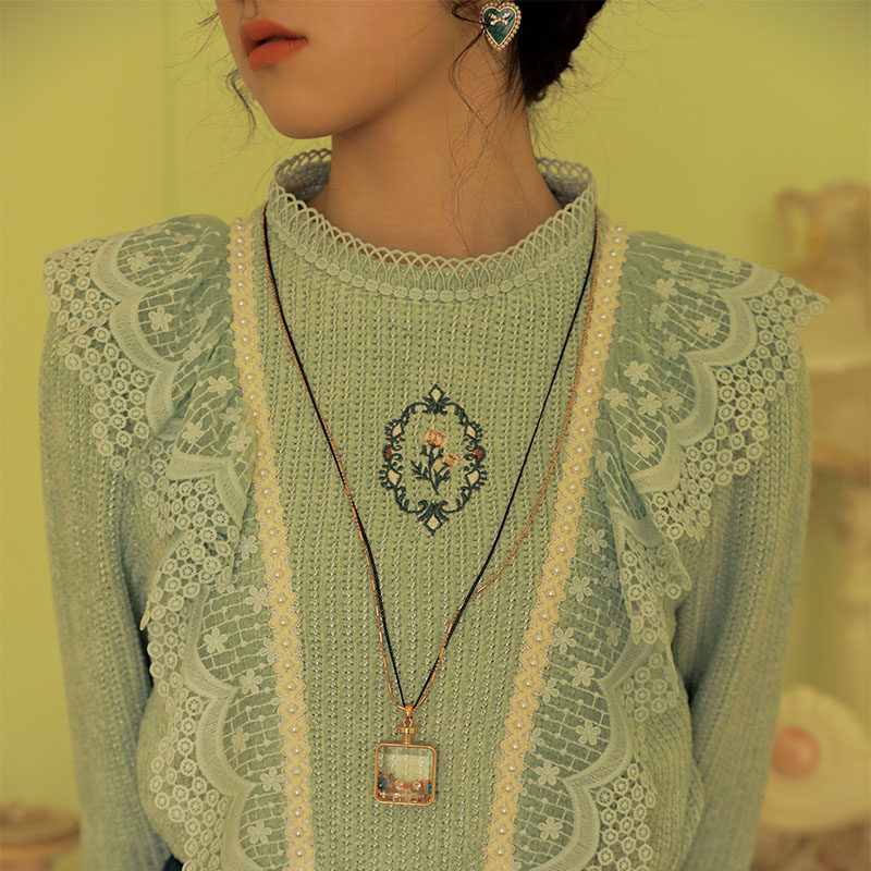 花间裳/昨夜星辰/原创少女立领森系芥末绿加绒保暖打底衫时尚套装