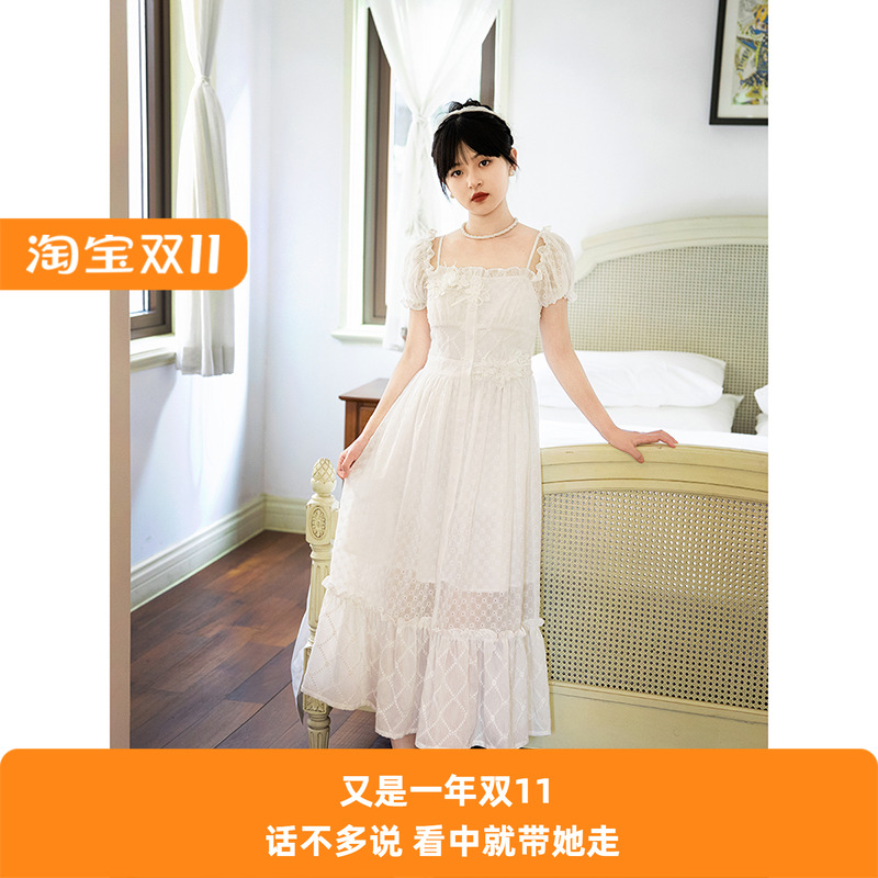 法式轻礼服蕾丝绣花束腰连衣裙