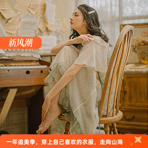 复古宫廷小清新雪纺印花长裙