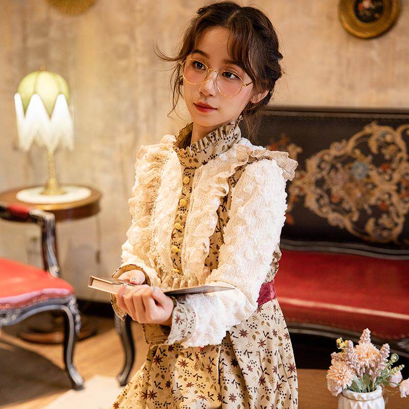 花间裳/艾莎公主/原创法式复古蕾丝绣花长款森系打底连衣裙公主裙