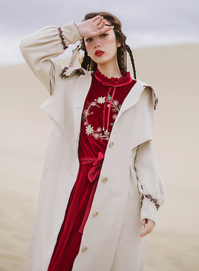 花间裳/车前乔木/纯色气质女神范风衣女中长款单排扣侧口袋外套秋