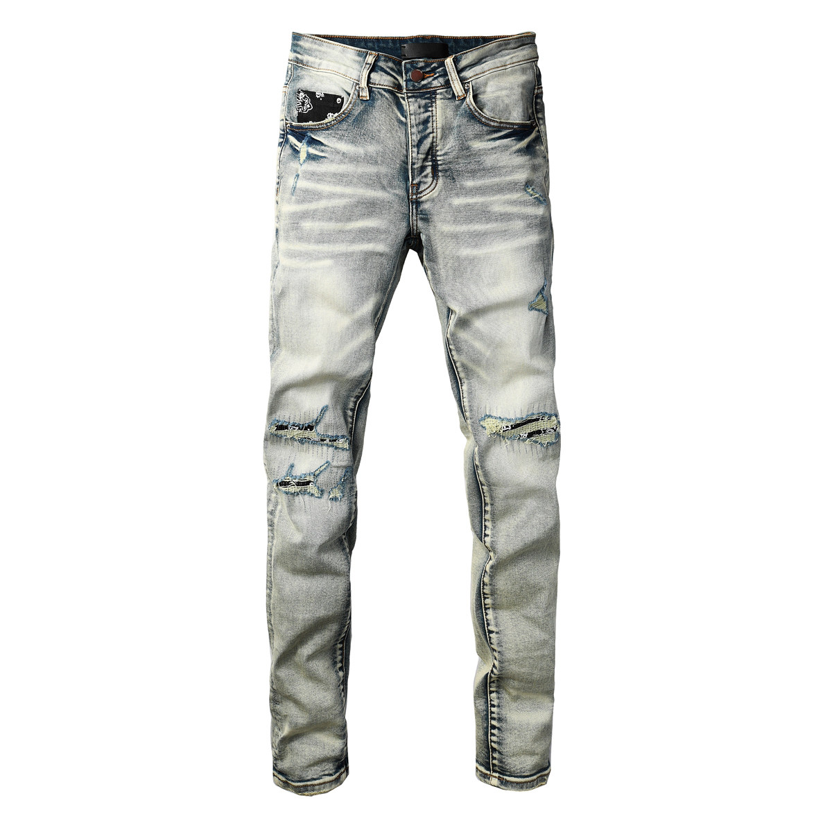 AMR jeans MX1 美式修身长裤太一街头高街破洞补丁紧身男牛仔裤子