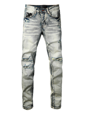 AMR jeans MX1 美式修身长裤太一街头高街破洞补丁紧身男牛仔裤子