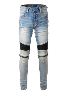 jeans pants torn高街美式破洞修身小脚拼皮拼接拉链牛仔裤子