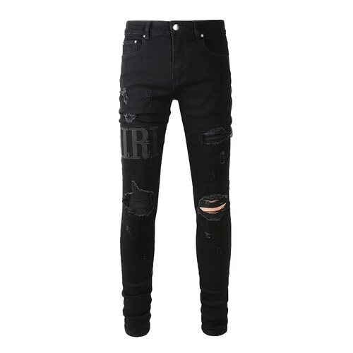 AMR jeans AMR pants torn jeans MX12高街破洞黑色牛仔裤子