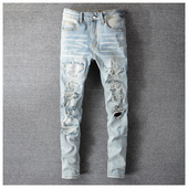 jeans pants torn AMR MX12高街破洞蓝色牛仔裤 子