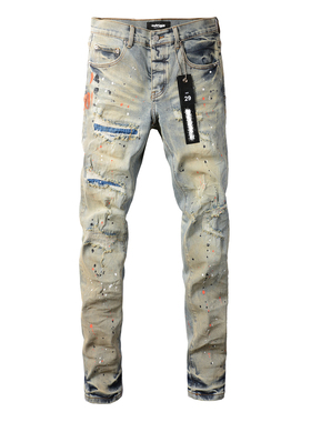 PUR jeans  pants torn jeans美式高街破洞泼墨牛仔裤子