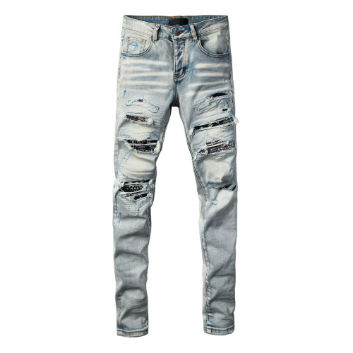 AMR jeans MX1 美式修身长裤太一街头高街破洞头巾紧身男牛仔裤子