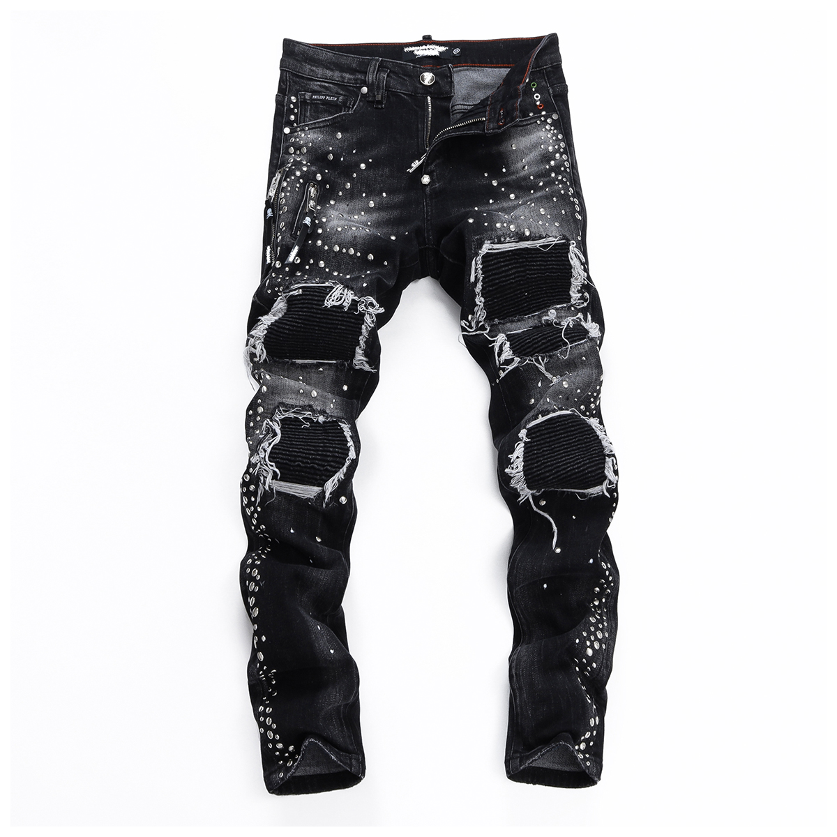 D Jeans Skinny Ripped Jeans 美式高街铆钉破洞修身男裤牛仔裤子