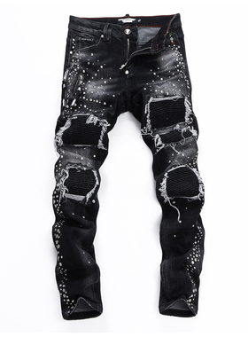 D Jeans Skinny Ripped Jeans 美式高街铆钉破洞修身男裤牛仔裤子