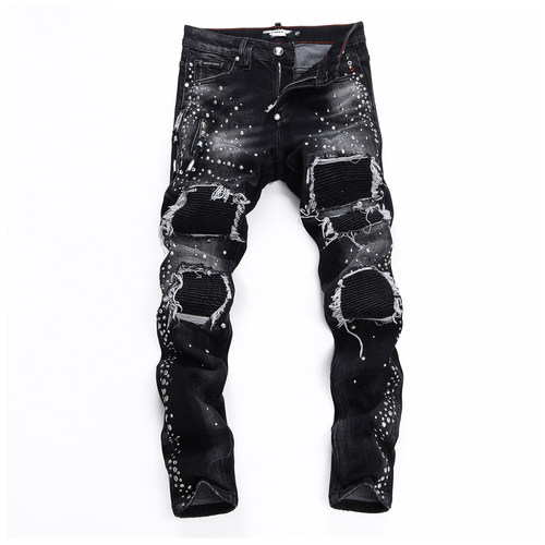 D Jeans Skinny Ripped Jeans 美式高街铆钉破洞修身男裤牛仔裤子