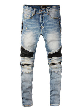 AMR jeans AMR pants torn jeans MX1高街破洞拼皮接牛仔裤子