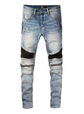 jeans pants torn高街美式破洞修身小脚拼皮拼接拉链牛仔裤子
