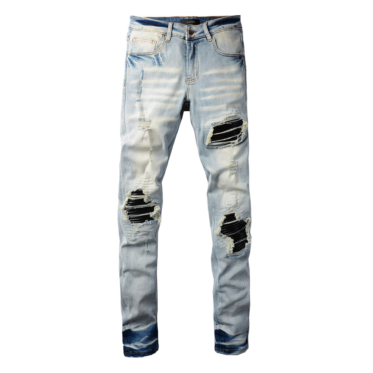AMR jeans AMR pants torn jeans高街破洞紧身拼皮牛仔裤子