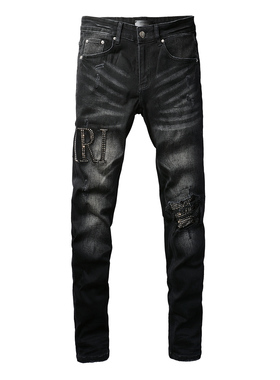 AMR jeans AMR pants torn jeans高街破洞紧身烫钻牛仔裤子
