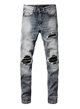 AMR jeans MX1 A米尔美式修身长裤拼皮高街破洞紧身男牛仔裤子