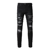 jeans pants torn AMR MX12高街破洞黑色牛仔裤 子