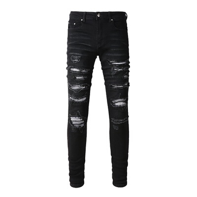 AMR jeans AMR pants torn jeans MX12高街破洞黑色牛仔裤子
