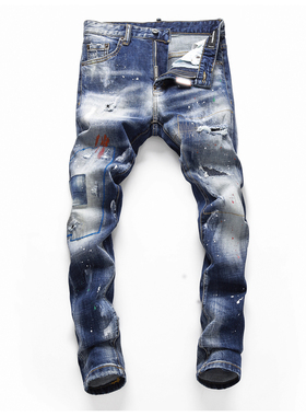 D Jeans Skinny Ripped Jeans 美式高街补丁破洞修身男裤牛仔裤子