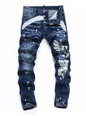 D Jeans Skinny Ripped Jeans 美式高街涂鸦破洞修身男裤牛仔裤子