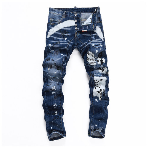 D Jeans Skinny Ripped Jeans 美式高街涂鸦破洞修身男裤牛仔裤子