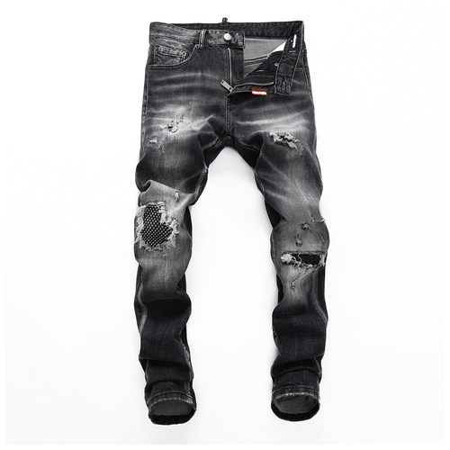 D Jeans Skinny Ripped Jeans 美式高街破洞镶钻修身男裤牛仔裤子