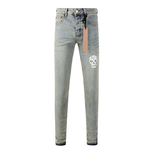 KUS jeans美式高街基础印花做旧修身长裤紧身高街修身男牛仔裤子