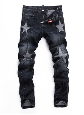D Jeans Skinny Ripped Jeans 美式高街星星补丁修身男裤牛仔裤子