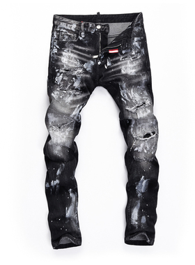 D Jeans Skinny Ripped Jeans 美式高街破洞泼墨修身男裤牛仔裤子
