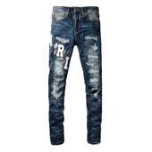 jeans pants torn AMR MX12高街破洞logo牛仔裤 子