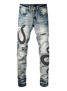 AMR jeans MX1 美式修身长裤太一街头高街破洞蟒蛇紧身男牛仔裤子