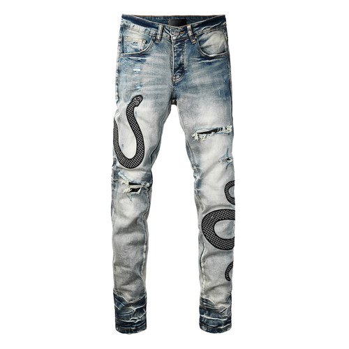 AMR jeans MX1 美式修身长裤太一街头高街破洞蟒蛇紧身男牛仔裤子