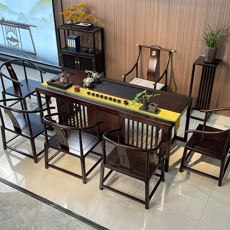 高端大气花梨木新中式茶桌椅组合实木禅意功夫茶台大茶桌一桌五椅