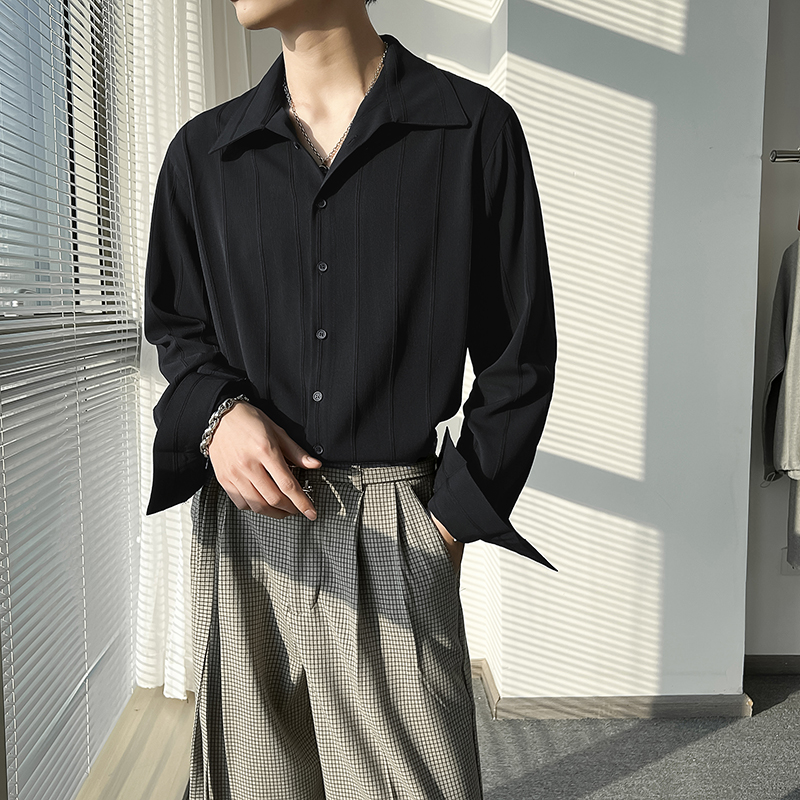 方领长袖轻熟风竖纹理衬衫
