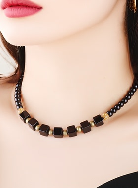 新中式项链天然玛瑙黑色锁骨链简约颈链女精致短款遮疤装饰项链