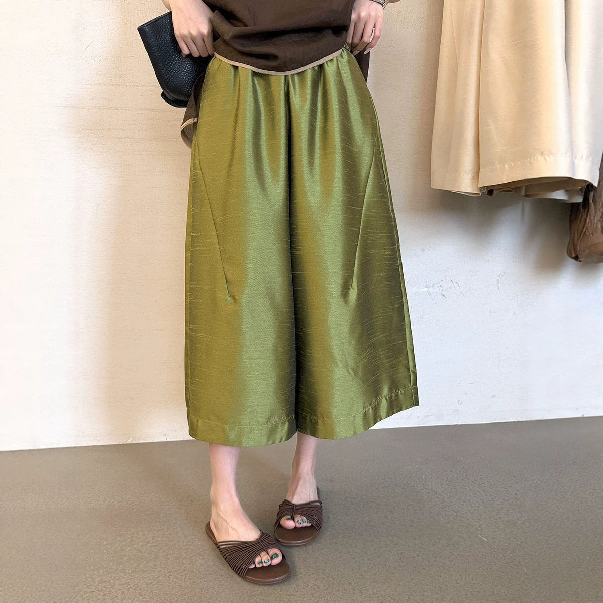 韩系松紧腰七分阔腿裤女夏2026国风宽松休闲遮肉显瘦百搭裤子