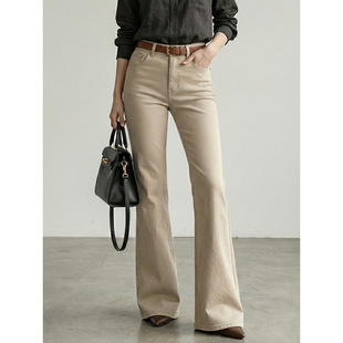 棉氨混纺牛仔裤女春季新款美式复古卡其色马蹄喇叭裤中腰