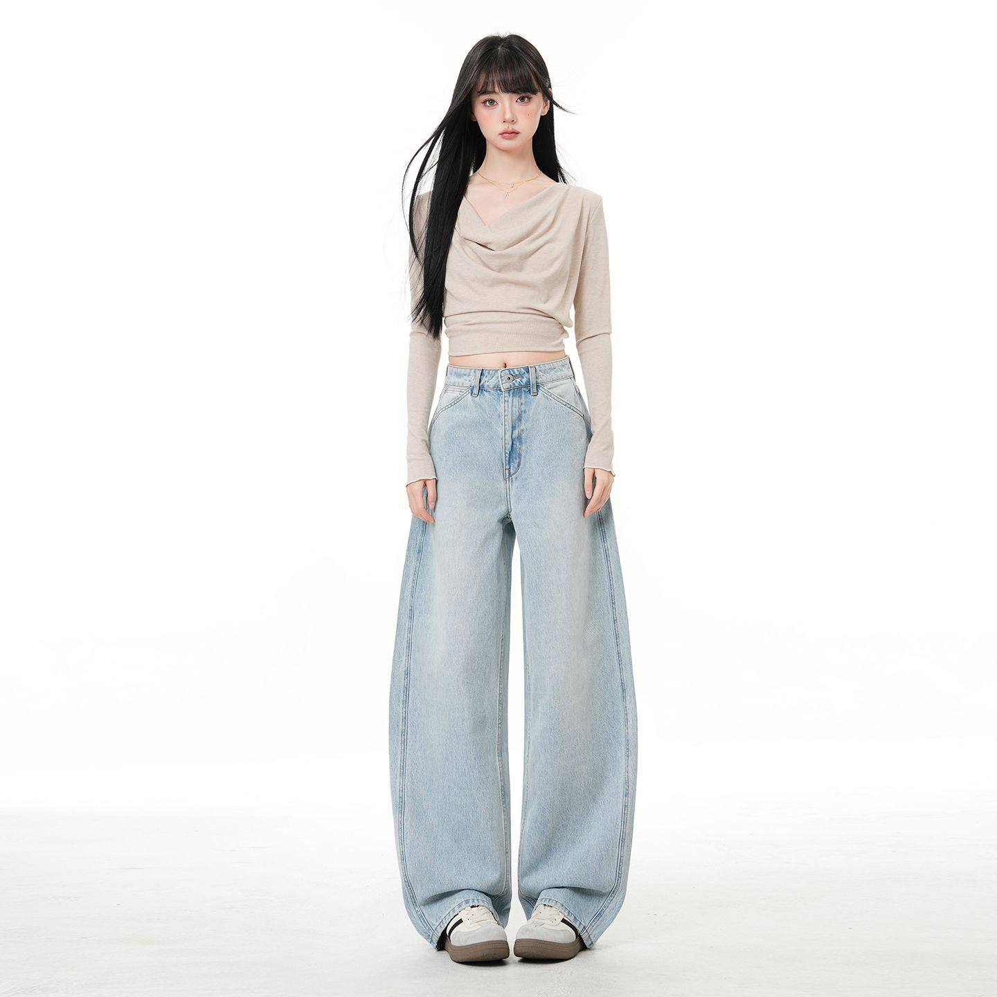 美式高腰复古浅蓝弯刀牛仔裤女2026年春季新款宽松显瘦阔腿拖地裤