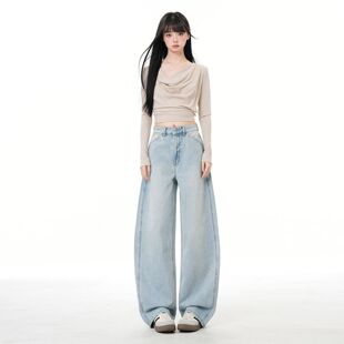 美式高腰复古浅蓝弯刀牛仔裤女2026年春季新款宽松显瘦阔腿拖地裤