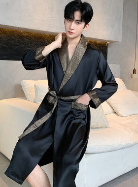 2026新款春秋冰丝男士睡袍长袖透气薄款浴袍丝绸家居服春夏季大码